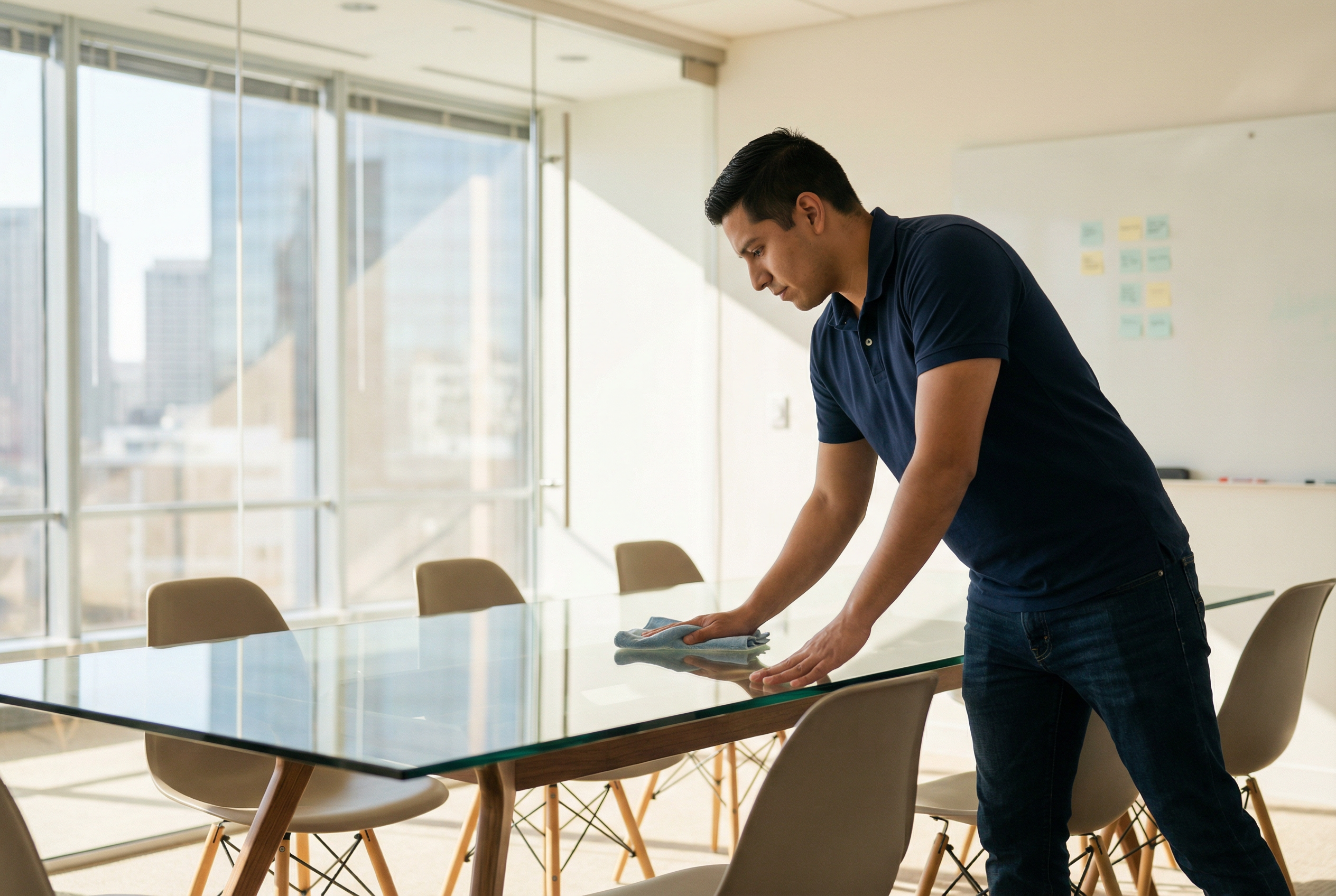 Green Planet Cleaning employee using eco-friendly products in a San Francisco office