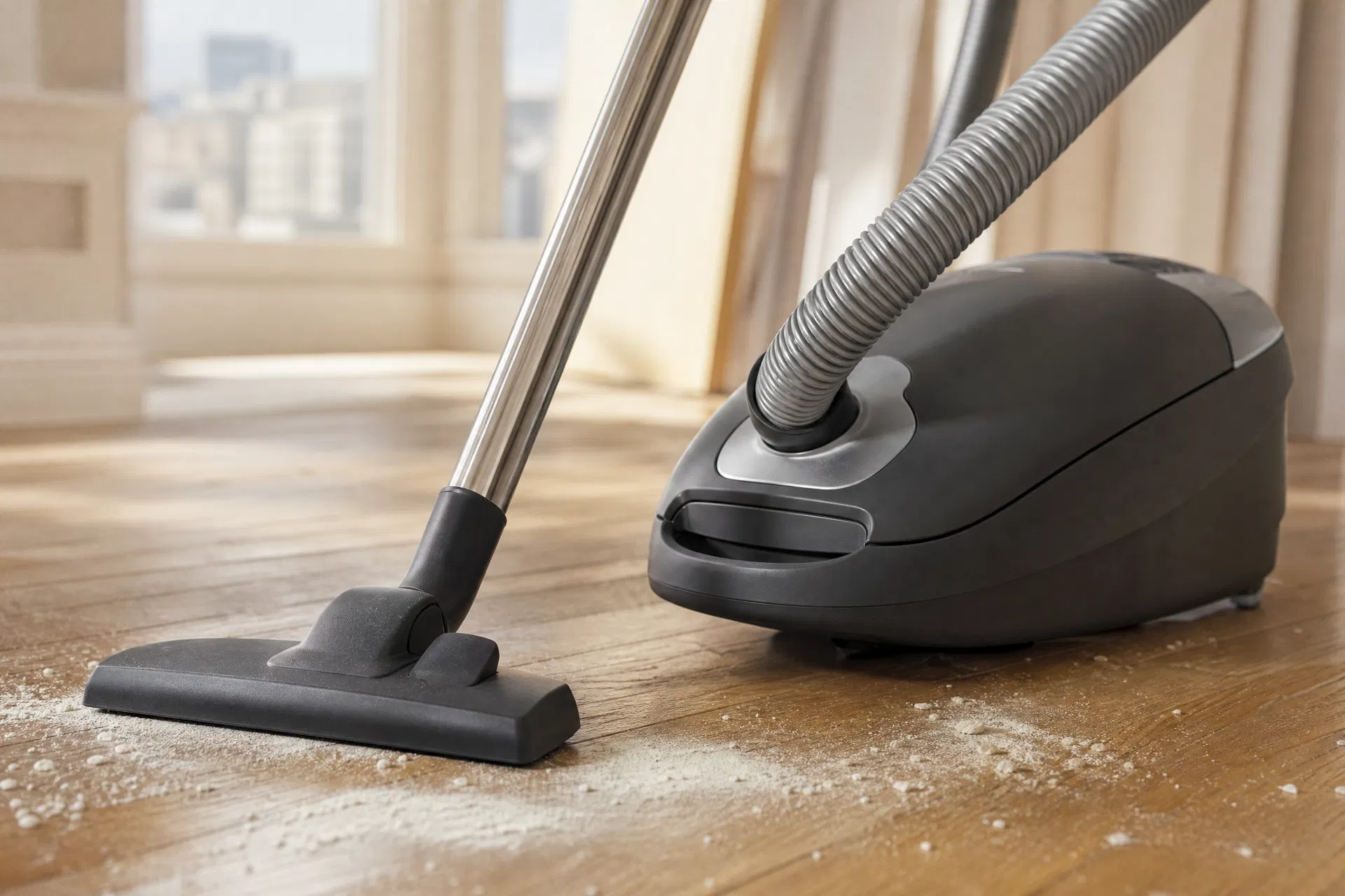Close-up of a Miele canister vacuum on a hardwood floor with fine white construction dust particles visible — post-construction cleaning San Francisco