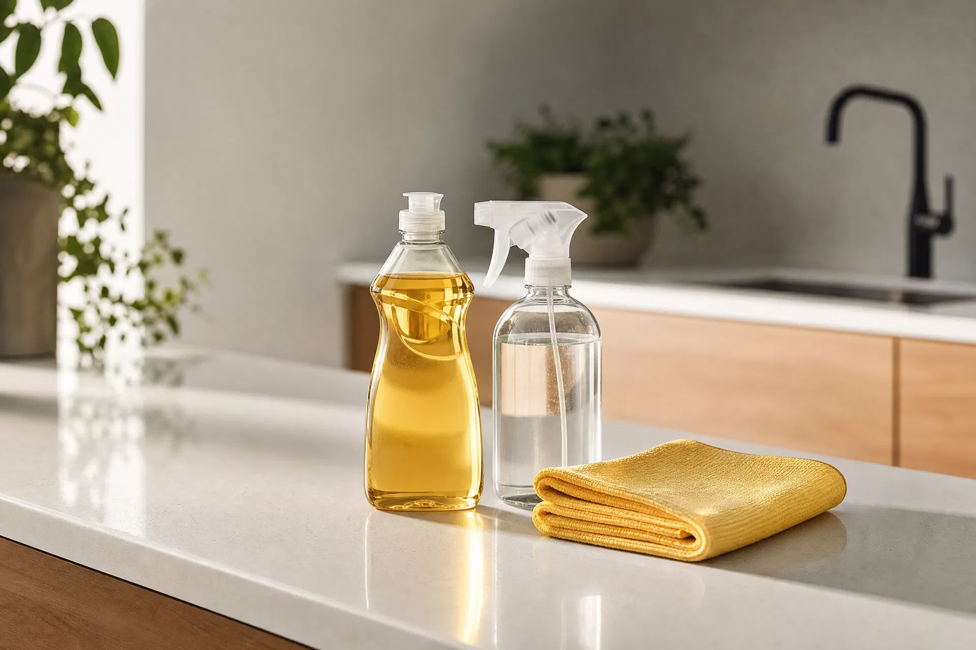 Eco-friendly cleaning products on an office kitchen counter — Method, Seventh Generation, and a yellow microfiber cloth