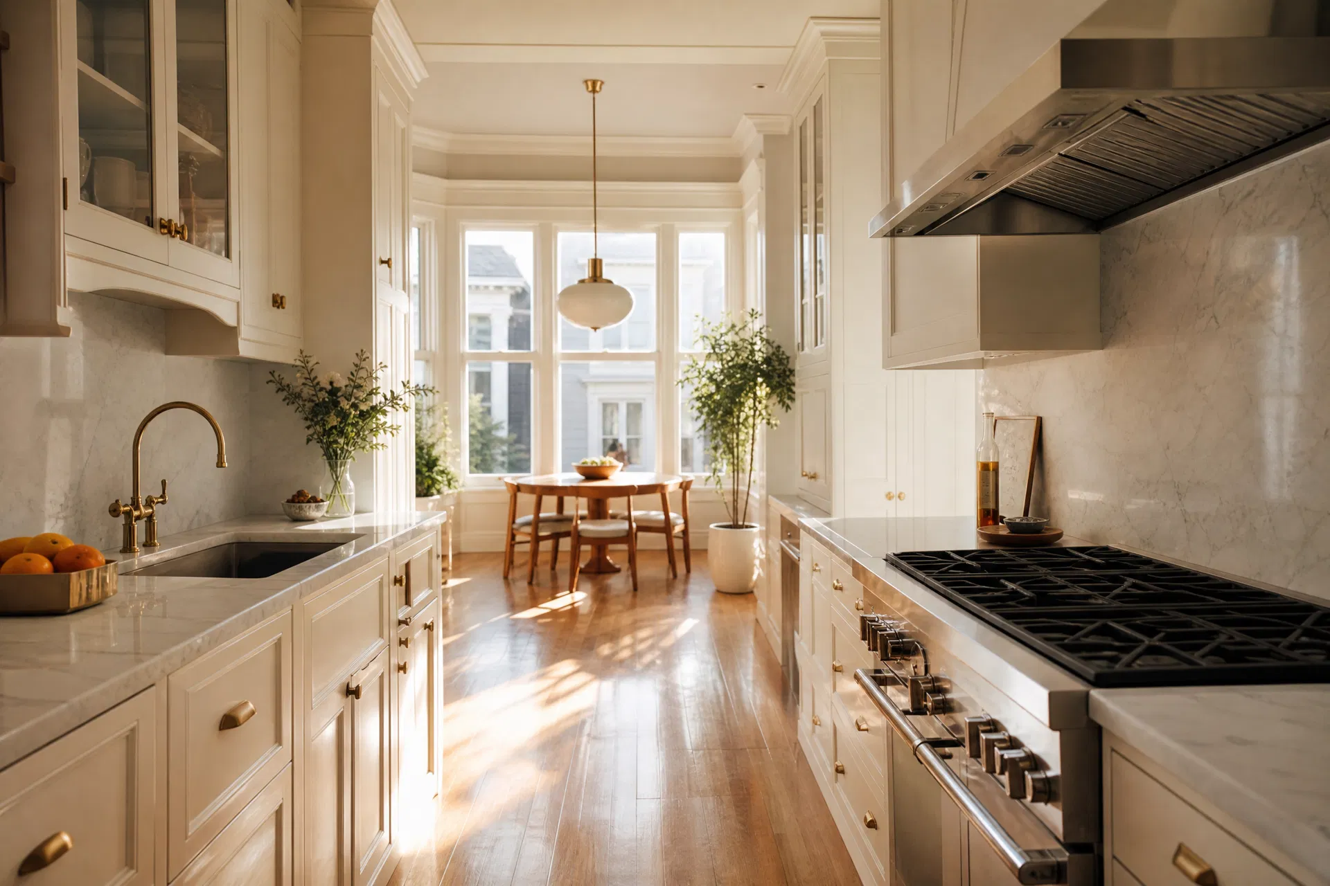 Pristine renovated San Francisco Victorian kitchen with gleaming hardwood floors and marble countertops after professional post-construction cleaning