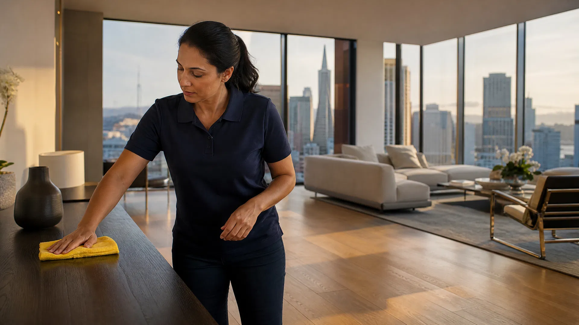Green Planet cleaning team working efficiently through a large multi-story San Francisco home