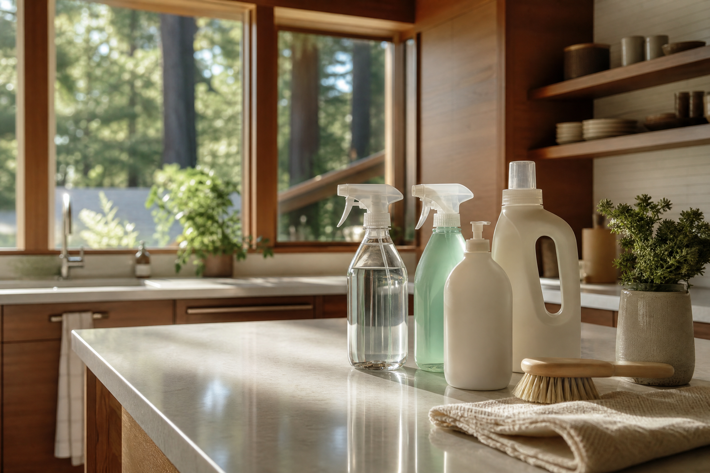 Eco-friendly cleaning products used in Greenbrae homes — safe for hardwood floors and natural stone