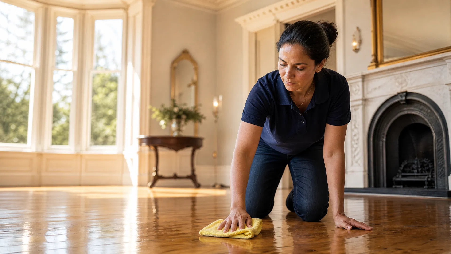 Green Planet cleaner polishing hardwood floors in a grand San Francisco mansion