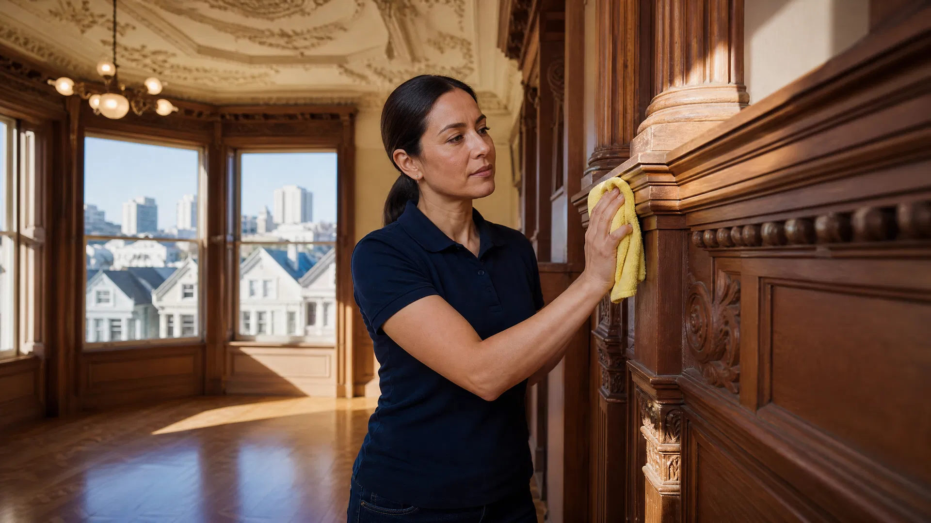 Green Planet cleaner caring for original woodwork in a San Francisco Victorian mansion
