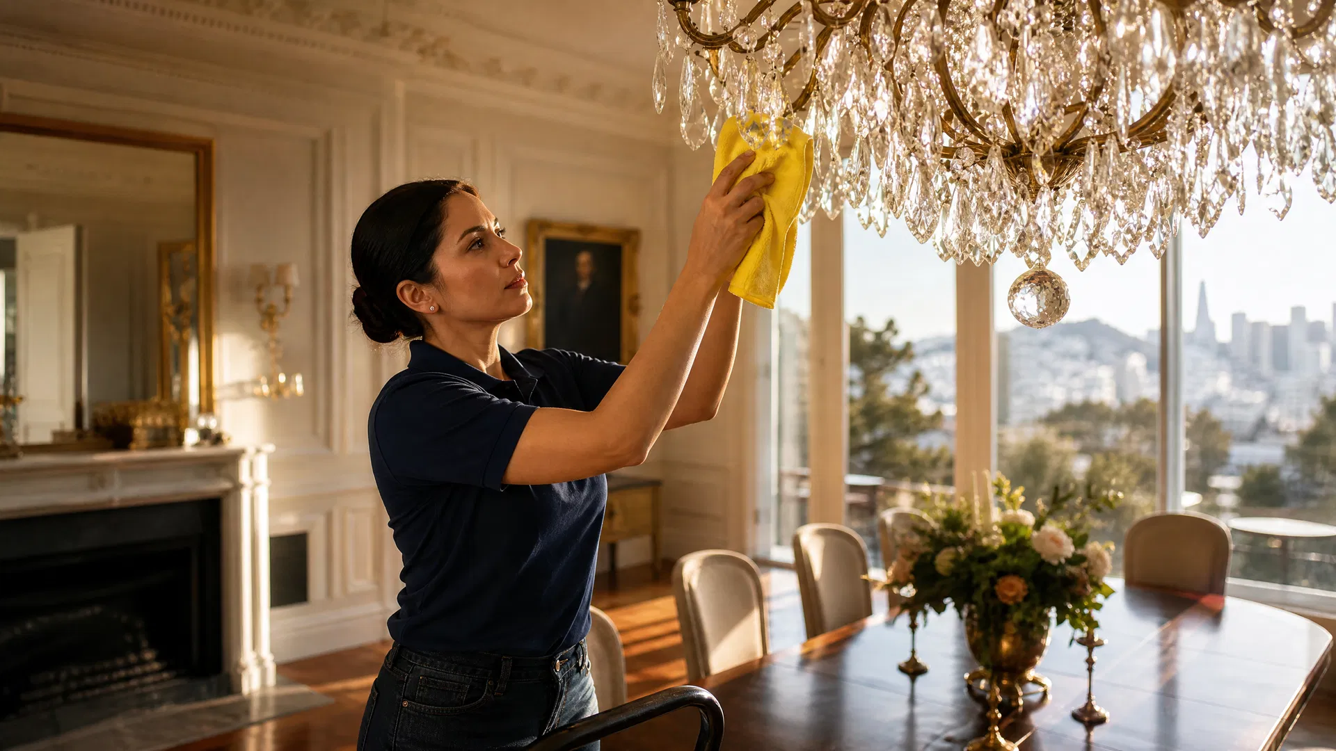 Green Planet white glove cleaning professional carefully wiping a marble surface in a luxury San Francisco home