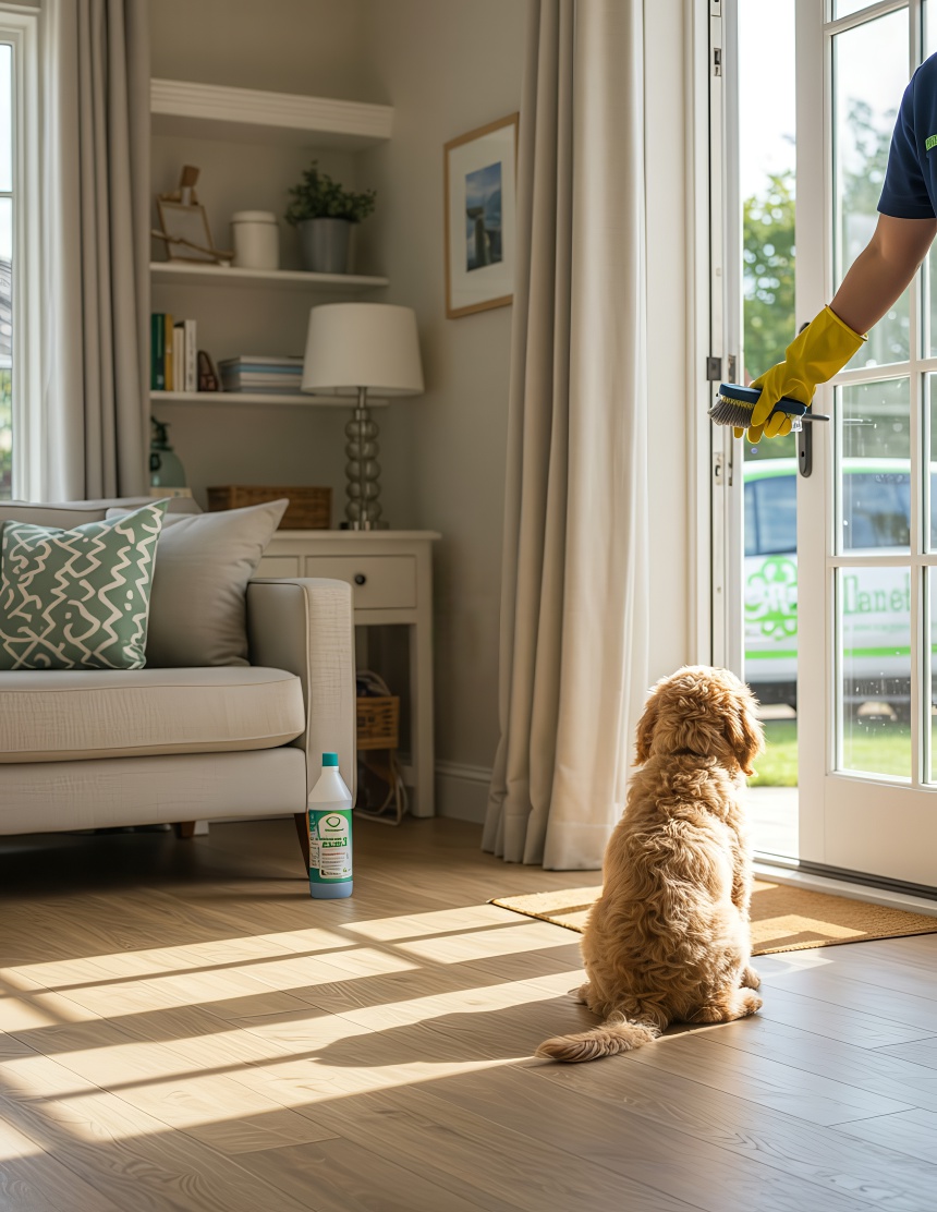 Green Planet cleaner letting Shelby’s Labradoodle out for a backyard break