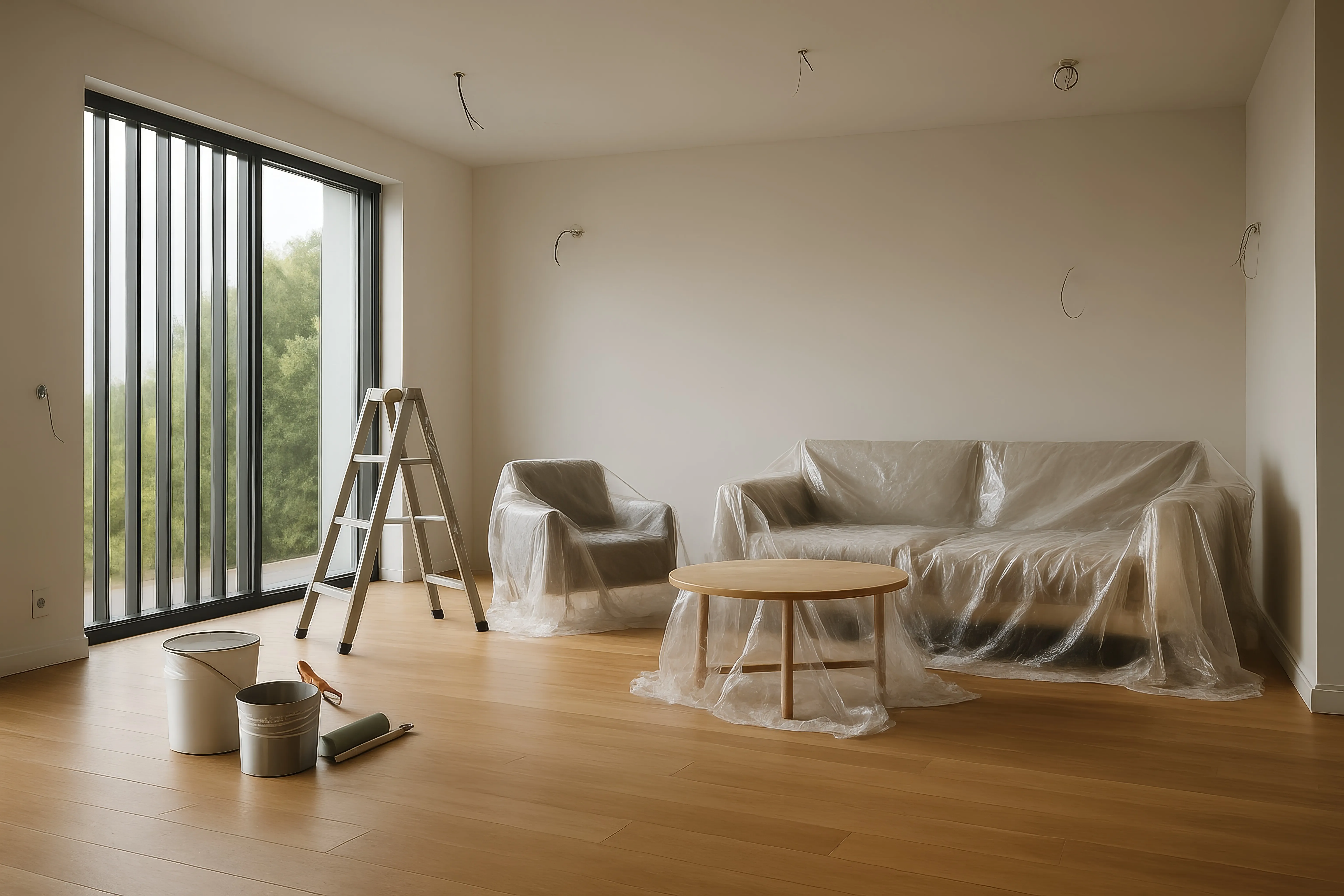 Furnished space with belongings carefully protected during cleaning