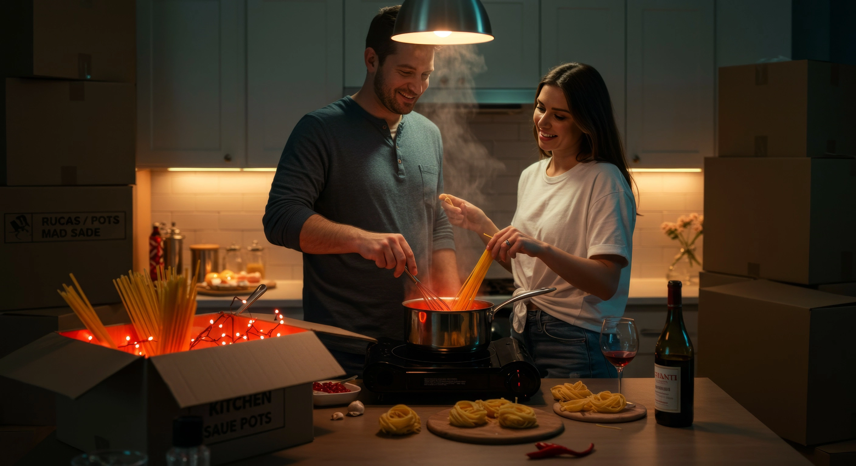 Couple happily cooking in their kitchen before moving out.