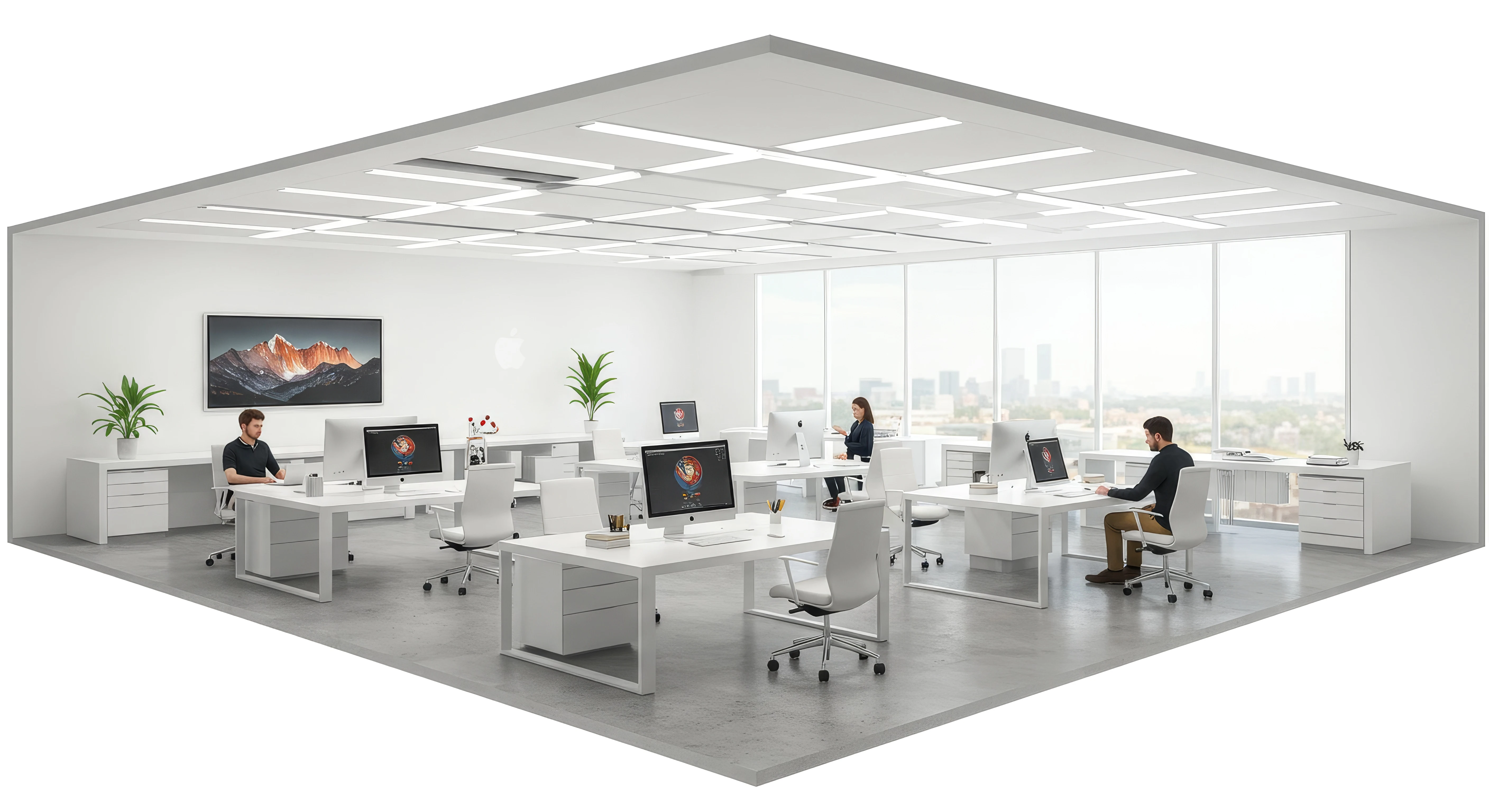 A beautifully clean and modern office interior with cleaning products