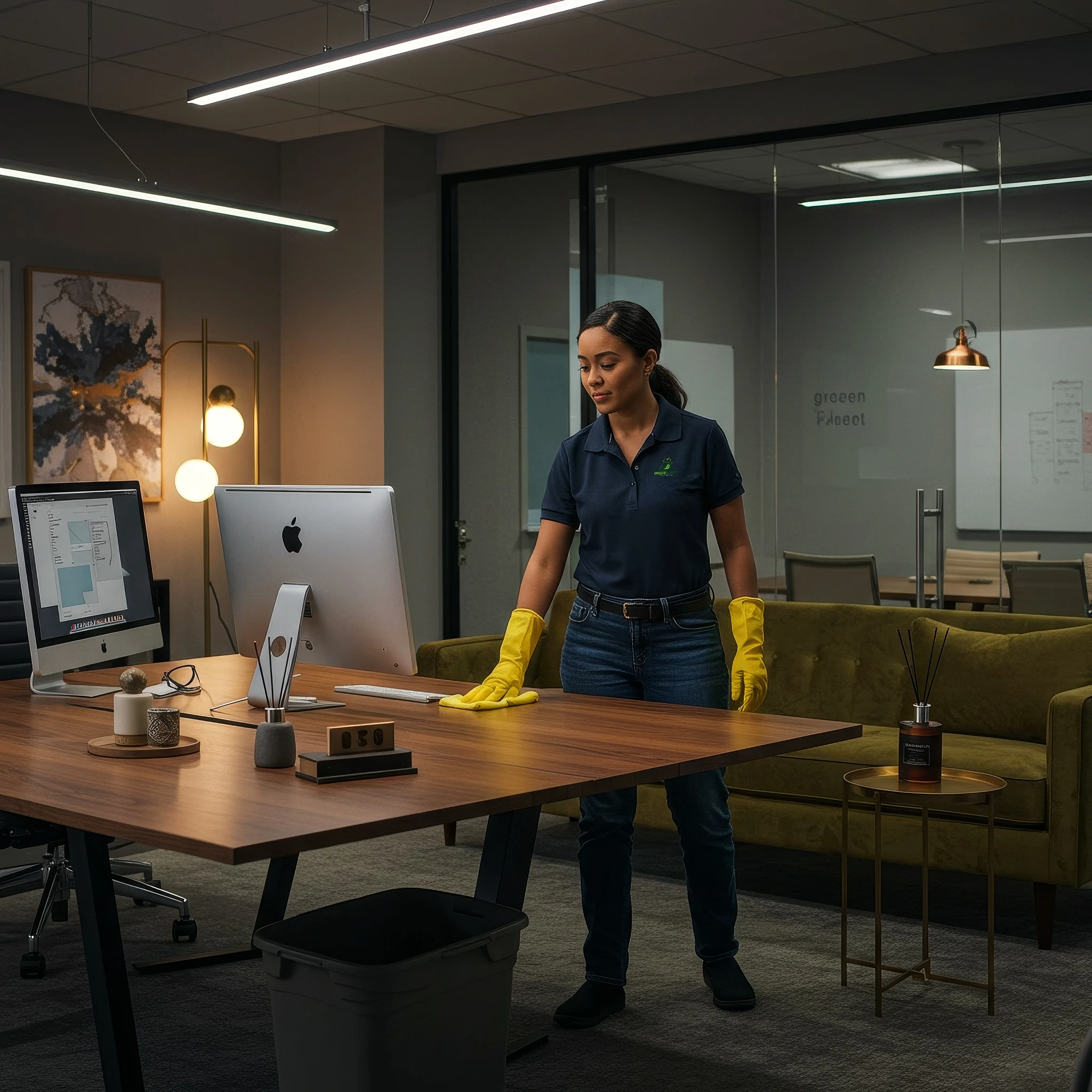 Night shift cleaning in an empty office