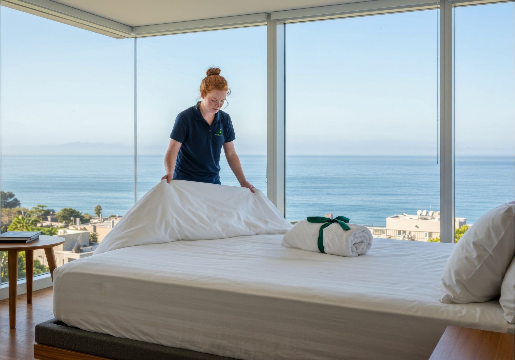 Woman relaxing in a clean bedroom