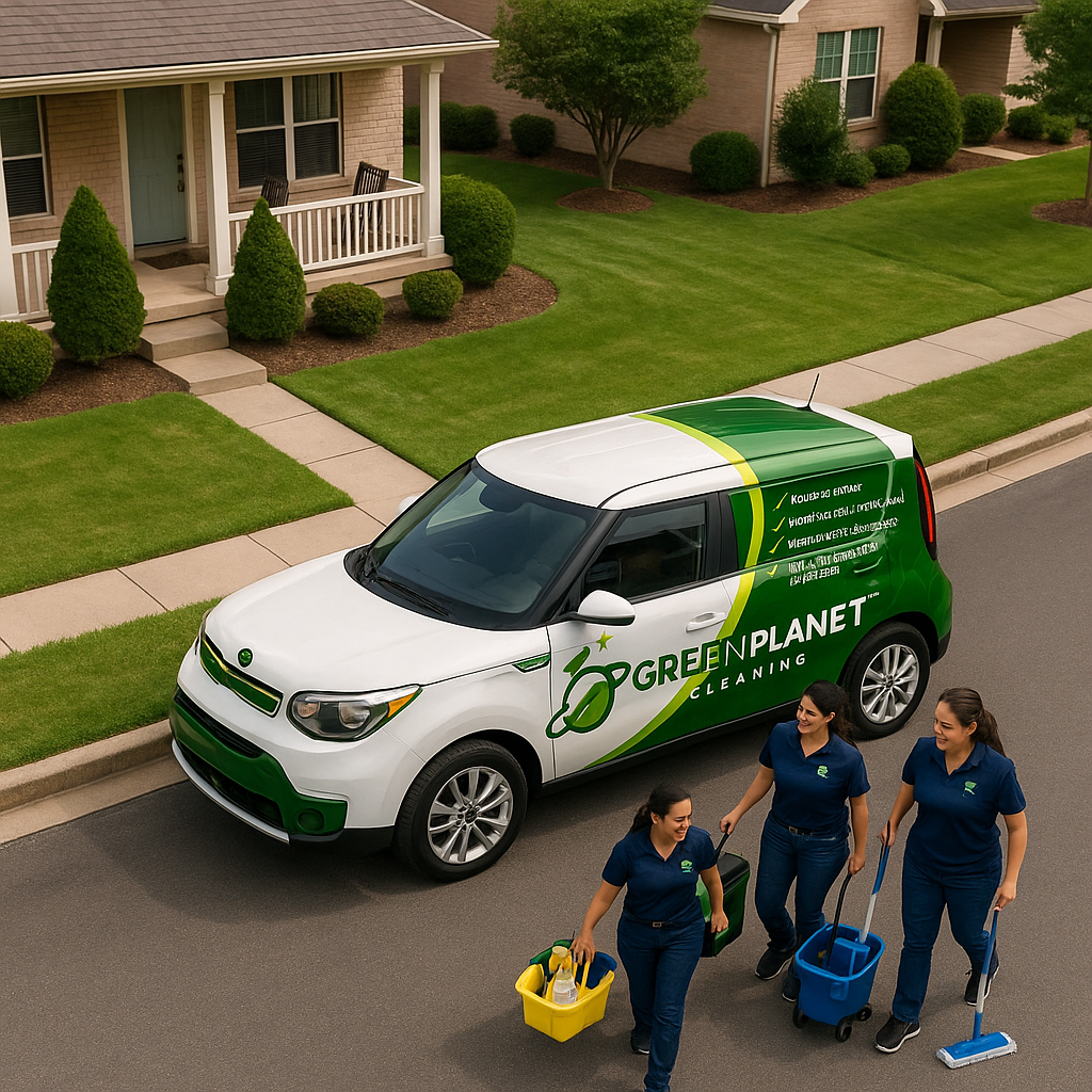 A team member organizing eco-friendly cleaning supplies in a company vehicle.