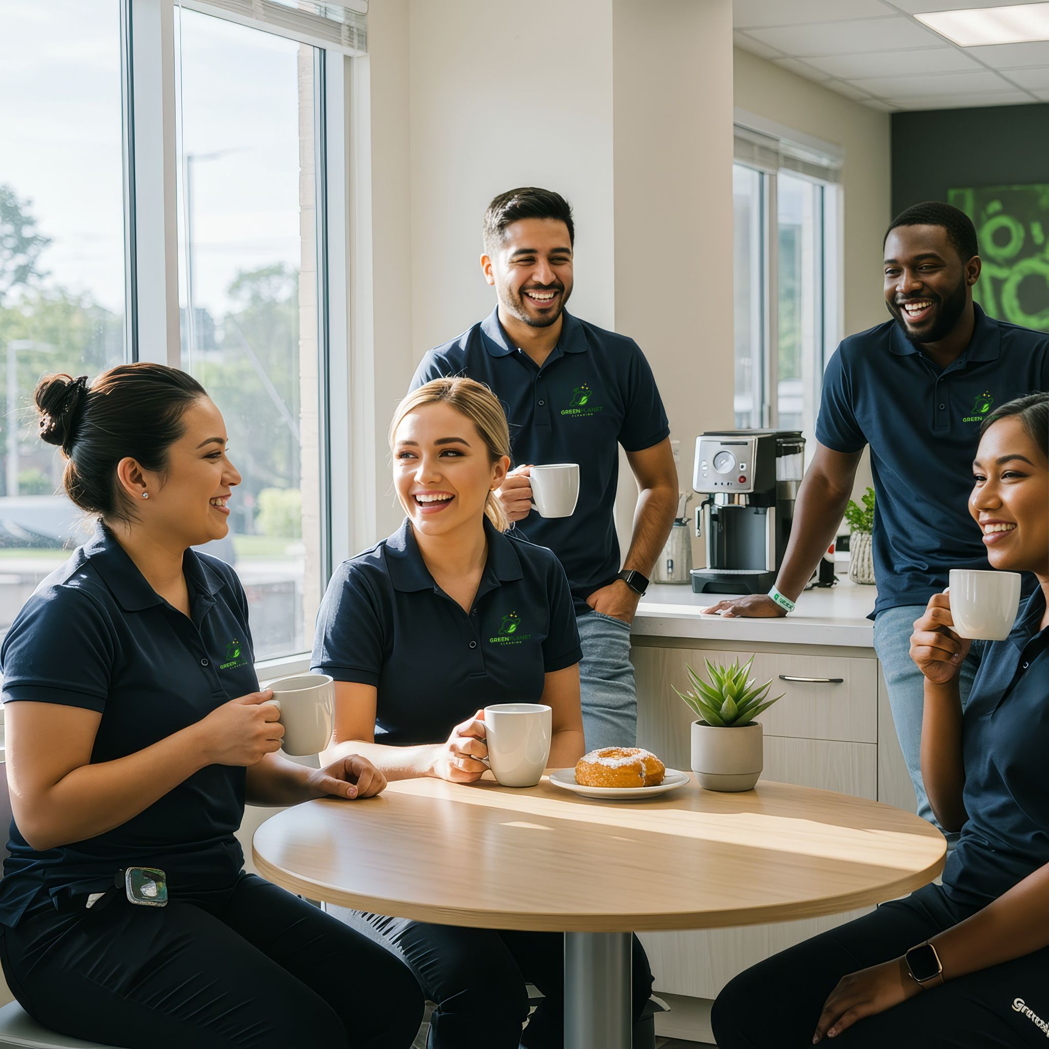 A diverse team of cleaning professionals collaborating in a bright, modern office space.