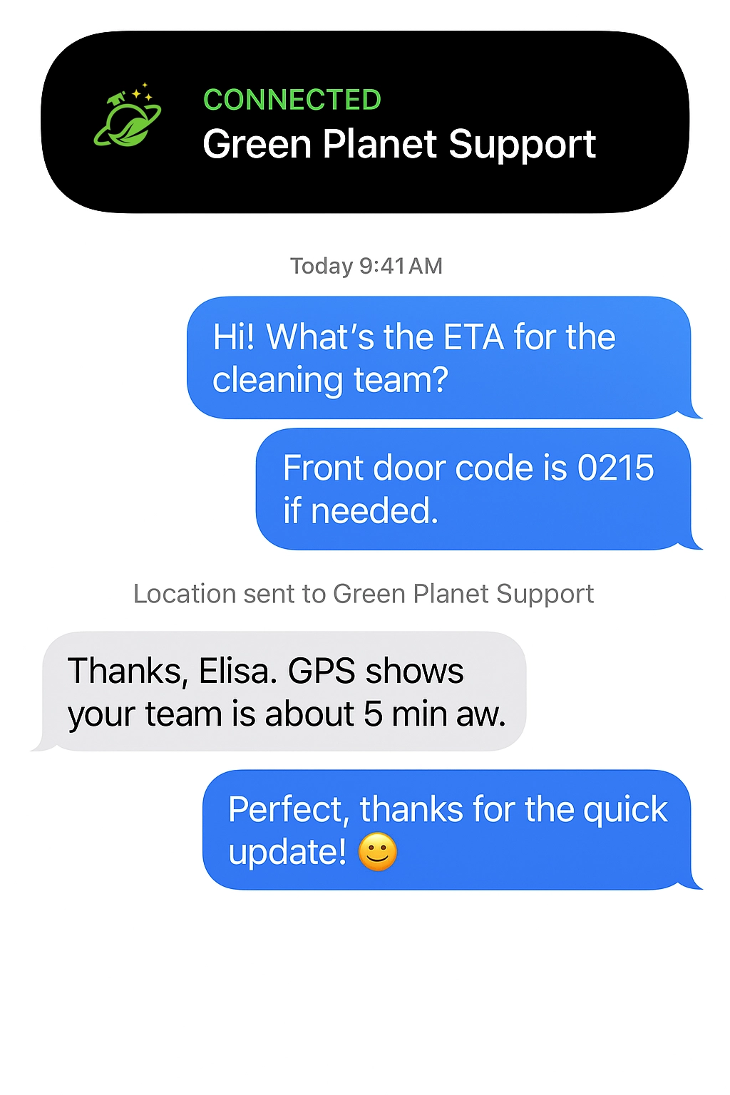 A smartphone showing a text message conversation with support.